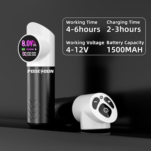 POSEIDON Panda Design Tattoo Gun with Paw Buttons  Wireless Tattoo Pen Machine Kit with Battery  Ink  20 Cartridge Needles  4 Memory Modes  Normal/Dot Mode  LED Display  Complete Starter Supplies
