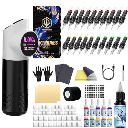 POSEIDON Panda Design Tattoo Gun with Paw Buttons  Wireless Tattoo Pen Machine Kit with Battery  Ink  20 Cartridge Needles  4 Memory Modes  Normal/Dot Mode  LED Display  Complete Starter Supplies