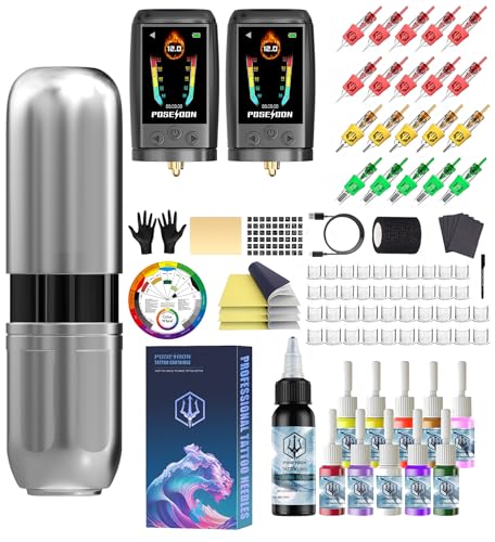 POSEIDON Tattoo Pen Kit  Cordless Tattoo Gun Set Tattoo Kit with 2Pcs Battery and 20 Pcs Tattoo Cartridge Needles  Complete Tattoo Machine kit Tattoo Supplies for Beginners