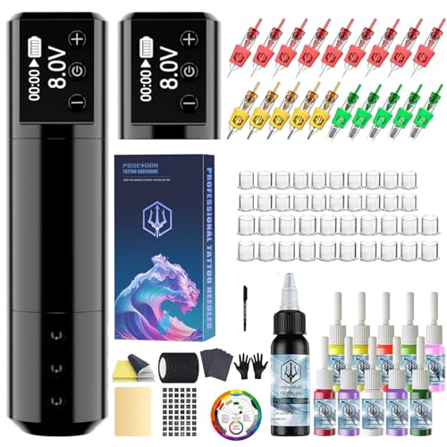 POSEIDON Wireless Rotary Tattoo Machine Kit with 20 Tattoo Cartridge Needles  Ink Set & 2 Rechargeable Batteries   Professional Portable Tattoo Gun for Beginners   Complete Starter Supplies  HM125