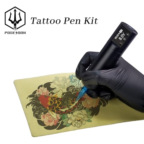 POSEIDON Wireless Rotary Tattoo Machine Kit with 20 Tattoo Cartridge Needles  Ink Set & 2 Rechargeable Batteries   Professional Portable Tattoo Gun for Beginners   Complete Starter Supplies  HM125
