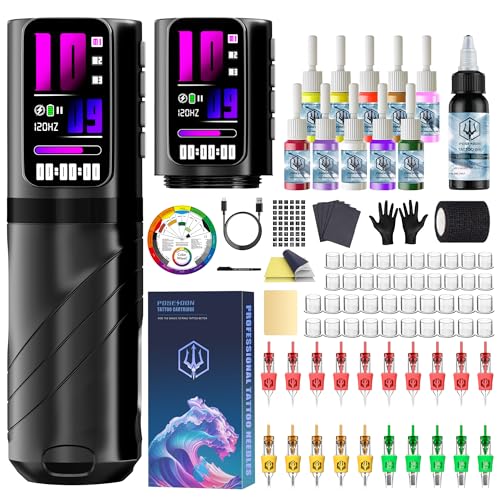 POSEIDON Wireless Tattoo Machine Kit   Pen Style  20 Cartridges  Dual Battery Power  Normal/Dot Modes  LED Display  for Beginners & Artists