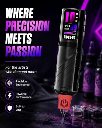 POSEIDON Wireless Tattoo Machine Kit   Pen Style  20 Cartridges  Dual Battery Power  Normal/Dot Modes  LED Display  for Beginners & Artists