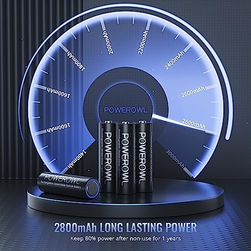 Baterías recargables POWEROWL AA, baterías de alta capacidad de 2800mAh, 1.2V NiMH de baja autodescarga, paquete de 16