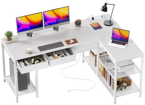 PRAISUN 55 Inch L Shaped Office Desk with Power Outlets and Type C Port  Large Computer Gaming Desk with 3 Fabric Drawers  Mesh Shelves  Corner Study Work Writing Desk  White