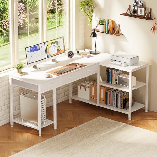 PRAISUN 55 Inch L Shaped Office Desk with Power Outlets and Type C Port  Large Computer Gaming Desk with 3 Fabric Drawers  Mesh Shelves  Corner Study Work Writing Desk  White