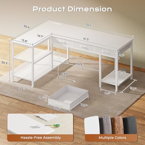 PRAISUN 55 Inch L Shaped Office Desk with Power Outlets and Type C Port  Large Computer Gaming Desk with 3 Fabric Drawers  Mesh Shelves  Corner Study Work Writing Desk  White