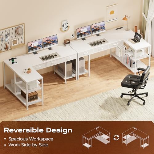 PRAISUN 55 Inch L Shaped Office Desk with Power Outlets and Type C Port  Large Computer Gaming Desk with 3 Fabric Drawers  Mesh Shelves  Corner Study Work Writing Desk  White