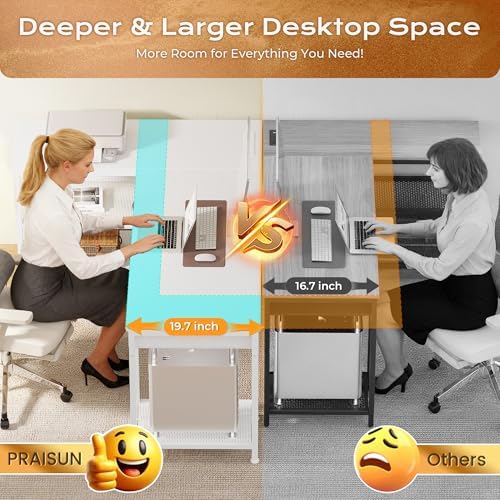 PRAISUN 55 Inch L Shaped Office Desk with Power Outlets and Type C Port  Large Computer Gaming Desk with 3 Fabric Drawers  Mesh Shelves  Corner Study Work Writing Desk  White