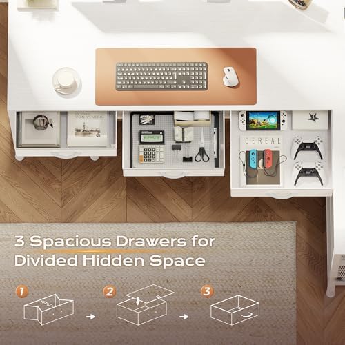 PRAISUN 55 Inch L Shaped Office Desk with Power Outlets and Type C Port  Large Computer Gaming Desk with 3 Fabric Drawers  Mesh Shelves  Corner Study Work Writing Desk  White