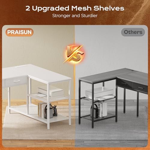 PRAISUN 55 Inch L Shaped Office Desk with Power Outlets and Type C Port  Large Computer Gaming Desk with 3 Fabric Drawers  Mesh Shelves  Corner Study Work Writing Desk  White