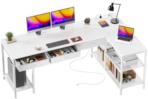 PRAISUN 55 Inch L Shaped Office Desk with Power Outlets and Type C Port  Large Computer Gaming Desk with 3 Fabric Drawers  Mesh Shelves  Corner Study Work Writing Desk  White