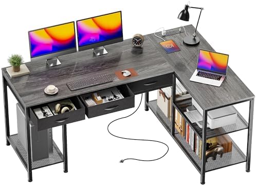 PRAISUN 55 Inch L Shaped Office Desk with Power Outlets and Type C Port  Large Computer Gaming Desk with 3 Fabric Drawers  Mesh Shelves  Corner Study Work Writing Desk  White