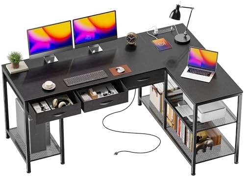 PRAISUN 55 Inch L Shaped Office Desk with Power Outlets and Type C Port  Large Computer Gaming Desk with 3 Fabric Drawers  Mesh Shelves  Corner Study Work Writing Desk  White