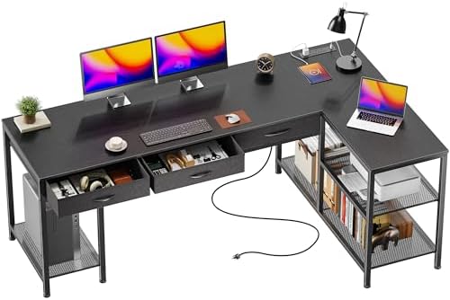 PRAISUN 55 Inch L Shaped Office Desk with Power Outlets and Type C Port  Large Computer Gaming Desk with 3 Fabric Drawers  Mesh Shelves  Corner Study Work Writing Desk  White