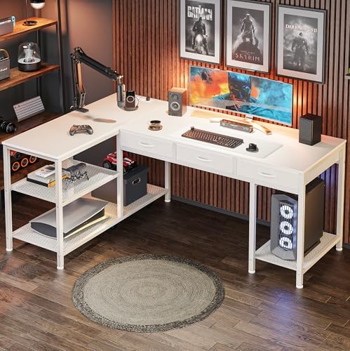 PRAISUN 55 Inch L Shaped Office Desk with Power Outlets and Type C Port  Large Computer Gaming Desk with 3 Fabric Drawers  Mesh Shelves  Corner Study Work Writing Desk  White