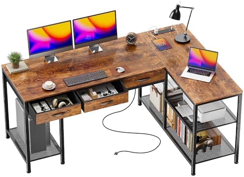 PRAISUN 55 Inch L Shaped Office Desk with Power Outlets and Type C Port  Large Computer Gaming Desk with 3 Fabric Drawers  Mesh Shelves  Corner Study Work Writing Desk  White