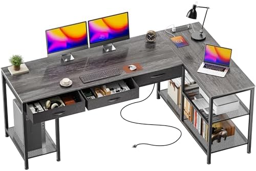 PRAISUN 55 Inch L Shaped Office Desk with Power Outlets and Type C Port  Large Computer Gaming Desk with 3 Fabric Drawers  Mesh Shelves  Corner Study Work Writing Desk  White