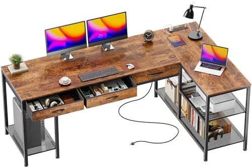 PRAISUN 55 Inch L Shaped Office Desk with Power Outlets and Type C Port  Large Computer Gaming Desk with 3 Fabric Drawers  Mesh Shelves  Corner Study Work Writing Desk  White