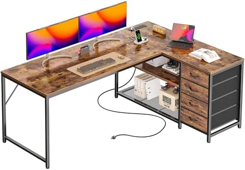 PRAISUN 61 L Shaped Desk with Power Outlets and USB C Port  Reversible Computer Corner Office Desk with 4 Fabric Drawers and 2 Height Adjustable Shelves  Large for Gaming Writing Study  Rustic Brown