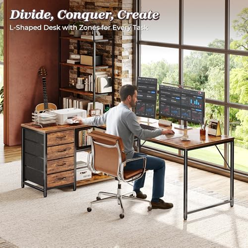 PRAISUN 61 L Shaped Desk with Power Outlets and USB C Port  Reversible Computer Corner Office Desk with 4 Fabric Drawers and 2 Height Adjustable Shelves  Large for Gaming Writing Study  Rustic Brown