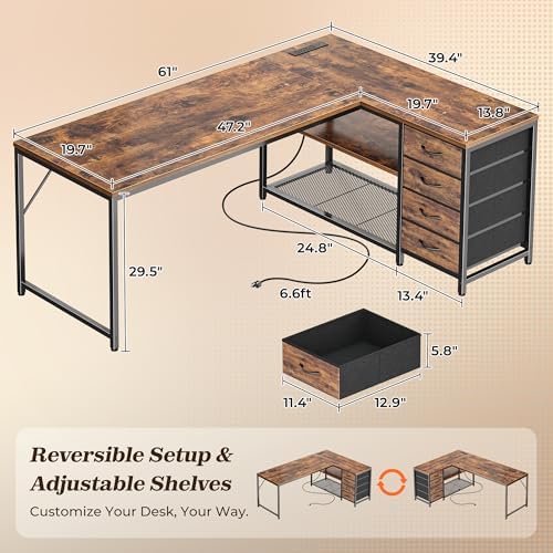 PRAISUN 61 L Shaped Desk with Power Outlets and USB C Port  Reversible Computer Corner Office Desk with 4 Fabric Drawers and 2 Height Adjustable Shelves  Large for Gaming Writing Study  Rustic Brown