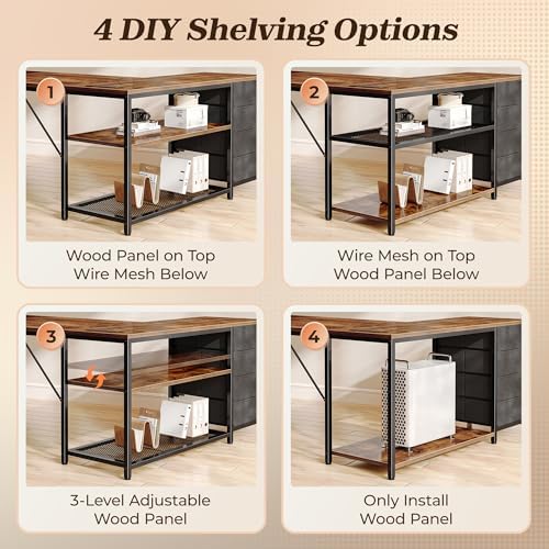 PRAISUN 61 L Shaped Desk with Power Outlets and USB C Port  Reversible Computer Corner Office Desk with 4 Fabric Drawers and 2 Height Adjustable Shelves  Large for Gaming Writing Study  Rustic Brown