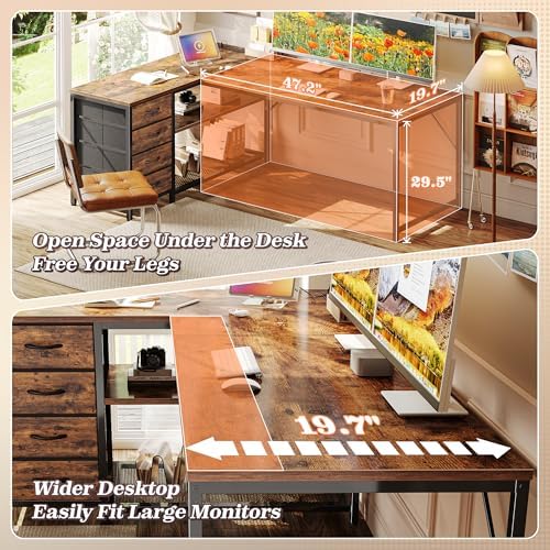 PRAISUN 61 L Shaped Desk with Power Outlets and USB C Port  Reversible Computer Corner Office Desk with 4 Fabric Drawers and 2 Height Adjustable Shelves  Large for Gaming Writing Study  Rustic Brown