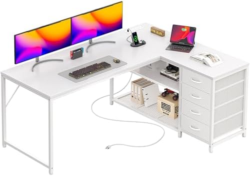 PRAISUN 61 L Shaped Desk with Power Outlets and USB C Port  Reversible Computer Corner Office Desk with 4 Fabric Drawers and 2 Height Adjustable Shelves  Large for Gaming Writing Study  Rustic Brown