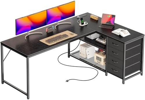 PRAISUN 61 L Shaped Desk with Power Outlets and USB C Port  Reversible Computer Corner Office Desk with 4 Fabric Drawers and 2 Height Adjustable Shelves  Large for Gaming Writing Study  Rustic Brown