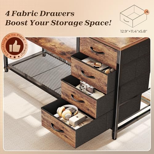 PRAISUN 61 L Shaped Desk with Power Outlets and USB C Port  Reversible Computer Corner Office Desk with 4 Fabric Drawers and 2 Height Adjustable Shelves  Large for Gaming Writing Study  Rustic Brown