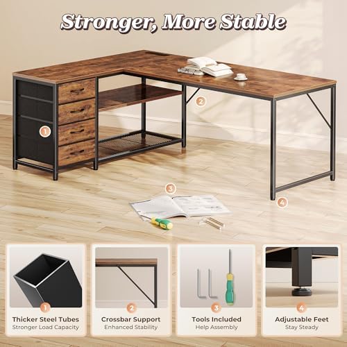 PRAISUN 61 L Shaped Desk with Power Outlets and USB C Port  Reversible Computer Corner Office Desk with 4 Fabric Drawers and 2 Height Adjustable Shelves  Large for Gaming Writing Study  Rustic Brown