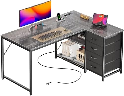 PRAISUN 61 L Shaped Desk with Power Outlets and USB C Port  Reversible Computer Corner Office Desk with 4 Fabric Drawers and 2 Height Adjustable Shelves  Large for Gaming Writing Study  Rustic Brown