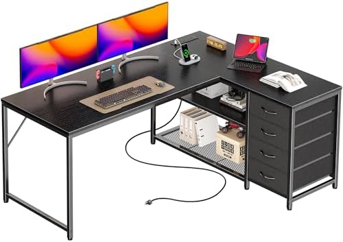 PRAISUN 61 L Shaped Desk with Power Outlets and USB C Port  Reversible Computer Corner Office Desk with 4 Fabric Drawers and 2 Height Adjustable Shelves  Large for Gaming Writing Study  Rustic Brown