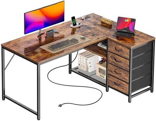 PRAISUN 61 L Shaped Desk with Power Outlets and USB C Port  Reversible Computer Corner Office Desk with 4 Fabric Drawers and 2 Height Adjustable Shelves  Large for Gaming Writing Study  Rustic Brown
