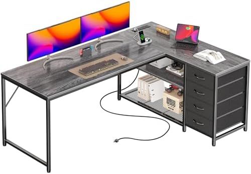 PRAISUN 61 L Shaped Desk with Power Outlets and USB C Port  Reversible Computer Corner Office Desk with 4 Fabric Drawers and 2 Height Adjustable Shelves  Large for Gaming Writing Study  Rustic Brown