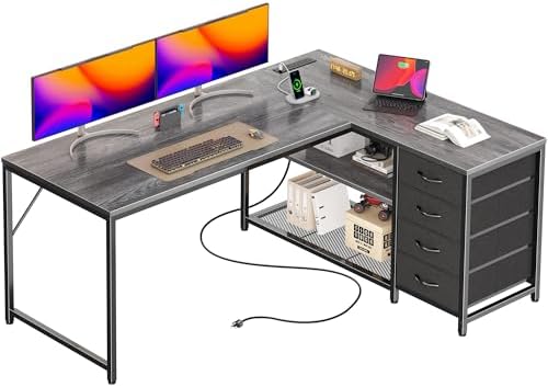 PRAISUN 61 L Shaped Desk with Power Outlets and USB C Port  Reversible Computer Corner Office Desk with 4 Fabric Drawers and 2 Height Adjustable Shelves  Large for Gaming Writing Study  Rustic Brown
