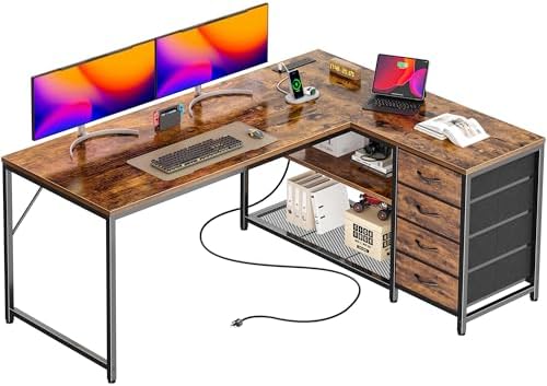 PRAISUN 61 L Shaped Desk with Power Outlets and USB C Port  Reversible Computer Corner Office Desk with 4 Fabric Drawers and 2 Height Adjustable Shelves  Large for Gaming Writing Study  Rustic Brown