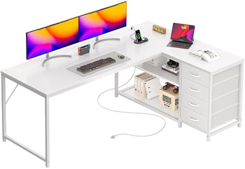 PRAISUN 61 L Shaped Desk with Power Outlets and USB C Port  Reversible Computer Corner Office Desk with 4 Fabric Drawers and 2 Height Adjustable Shelves  Large for Gaming Writing Study  Rustic Brown