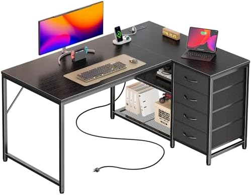PRAISUN 61 L Shaped Desk with Power Outlets and USB C Port  Reversible Computer Corner Office Desk with 4 Fabric Drawers and 2 Height Adjustable Shelves  Large for Gaming Writing Study  Rustic Brown