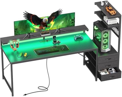 PRAISUN 68 Gaming Desk with LED Lights & Outlets  Computer Desk with 3 Fabric Drawers  PC Desk with PC Case Stand & Movable Storage Shelves  Monitor Stand  Reversible  Carbon Fiber Black