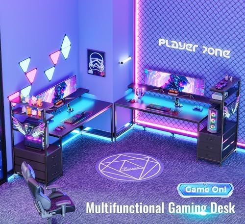 PRAISUN 68 Gaming Desk with LED Lights & Outlets  Computer Desk with 3 Fabric Drawers  PC Desk with PC Case Stand & Movable Storage Shelves  Monitor Stand  Reversible  Carbon Fiber Black