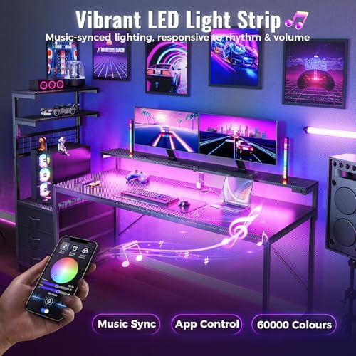 PRAISUN 68 Gaming Desk with LED Lights & Outlets  Computer Desk with 3 Fabric Drawers  PC Desk with PC Case Stand & Movable Storage Shelves  Monitor Stand  Reversible  Carbon Fiber Black