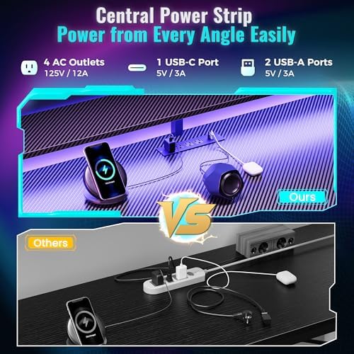 PRAISUN 68 Gaming Desk with LED Lights & Outlets  Computer Desk with 3 Fabric Drawers  PC Desk with PC Case Stand & Movable Storage Shelves  Monitor Stand  Reversible  Carbon Fiber Black