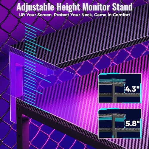 PRAISUN 68 Gaming Desk with LED Lights & Outlets  Computer Desk with 3 Fabric Drawers  PC Desk with PC Case Stand & Movable Storage Shelves  Monitor Stand  Reversible  Carbon Fiber Black