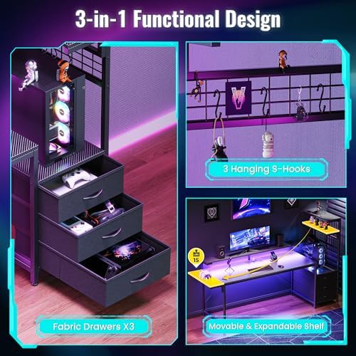 PRAISUN 68 Gaming Desk with LED Lights & Outlets  Computer Desk with 3 Fabric Drawers  PC Desk with PC Case Stand & Movable Storage Shelves  Monitor Stand  Reversible  Carbon Fiber Black