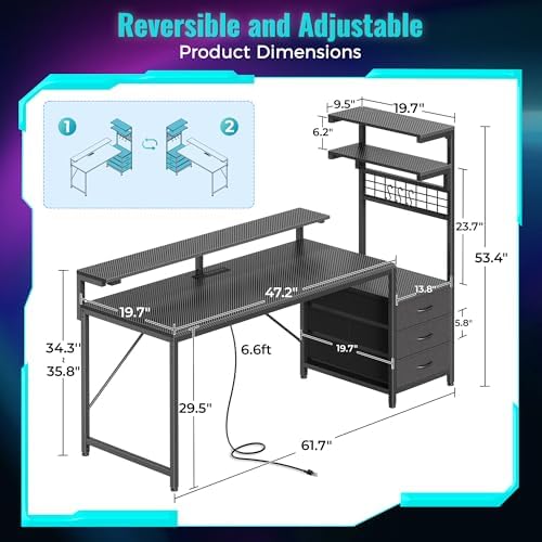 PRAISUN 68 Gaming Desk with LED Lights & Outlets  Computer Desk with 3 Fabric Drawers  PC Desk with PC Case Stand & Movable Storage Shelves  Monitor Stand  Reversible  Carbon Fiber Black