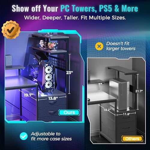 PRAISUN 68 Gaming Desk with LED Lights & Outlets  Computer Desk with 3 Fabric Drawers  PC Desk with PC Case Stand & Movable Storage Shelves  Monitor Stand  Reversible  Carbon Fiber Black