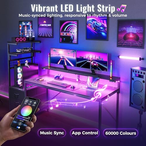 PRAISUN 68 Gaming Desk with LED Lights & Outlets  Computer Desk with 3 Fabric Drawers  PC Desk with PC Case Stand & Movable Storage Shelves  Monitor Stand  Reversible  Carbon Fiber Black