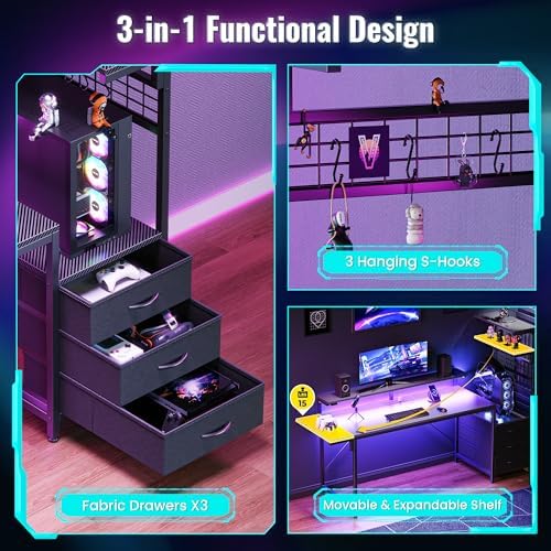 PRAISUN 68 Gaming Desk with LED Lights & Outlets  Computer Desk with 3 Fabric Drawers  PC Desk with PC Case Stand & Movable Storage Shelves  Monitor Stand  Reversible  Carbon Fiber Black